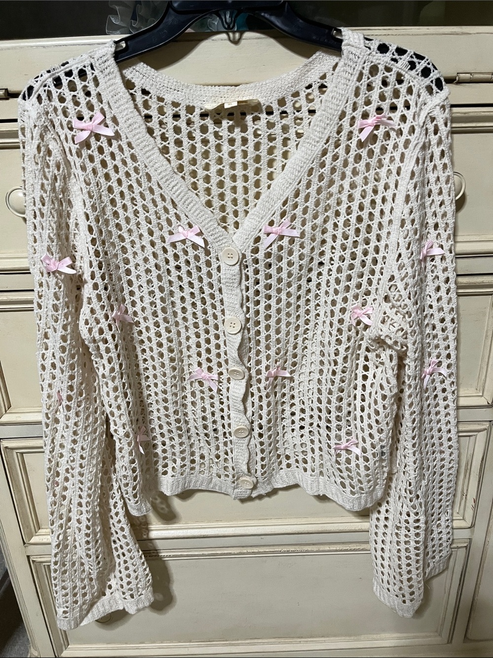 Rebellion White Crochet Open-Knit Cardigan with Pink Ribbon Bows
